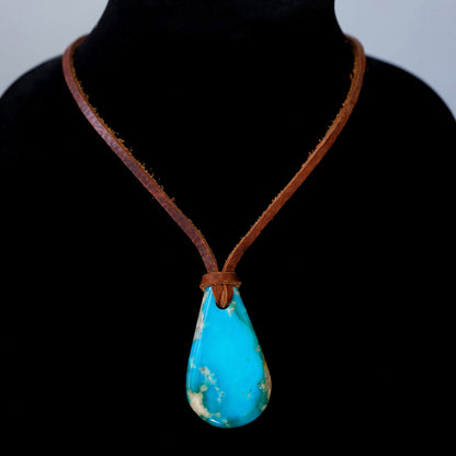 Kingman High Blue Turquoise Leather Necklace with Adjustable Cowhide Cord 107