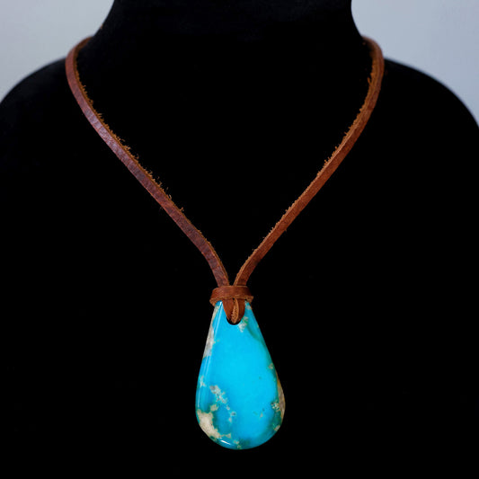 Kingman High Blue Turquoise Leather Necklace with Adjustable Cowhide Cord 107