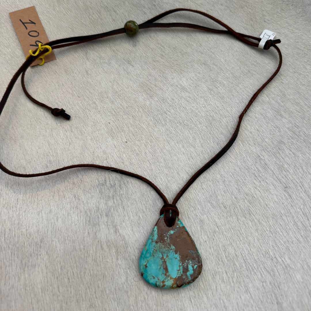 Kingman Turquoise Leather Necklace with Adjustable Cowhide Cord 109