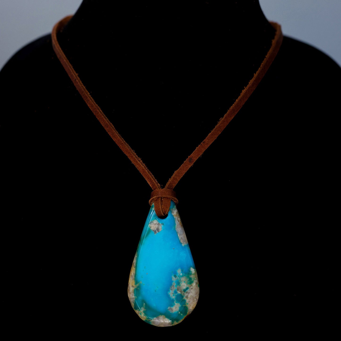 High Blue Turquoise Leather Necklace with Adjustable Cowhide Cord 111