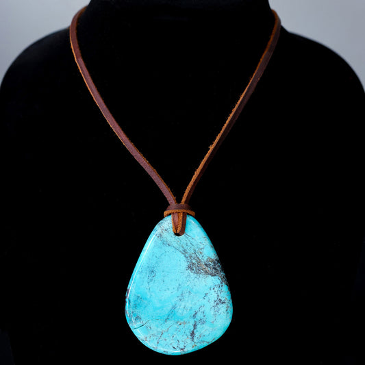 Kingman Turquoise Leather Necklace with Adjustable Cowhide Cord 113