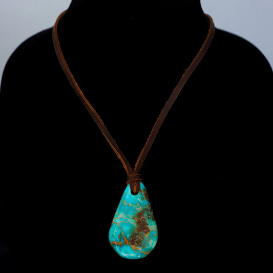 Kingman Turquoise Leather Necklace with Adjustable Cowhide Cord 116
