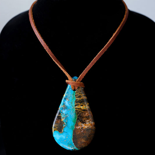High Blue Turquoise Leather Necklace with Adjustable Cowhide Cord 118