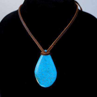 Kingman High Blue Turquoise Leather Necklace with Adjustable Cowhide Cord 120