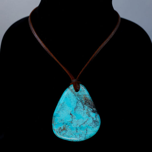 Kingman Turquoise Leather Necklace with Adjustable Cowhide Cord 124