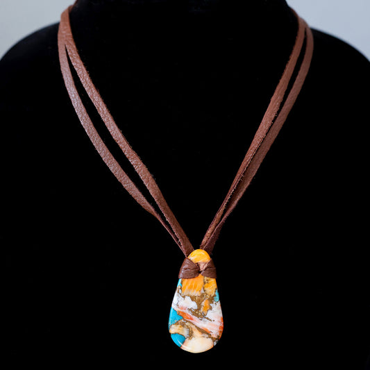28" Spiny Oyster & Kingman Turquoise Leather Necklace with Cowhide Cord 134
