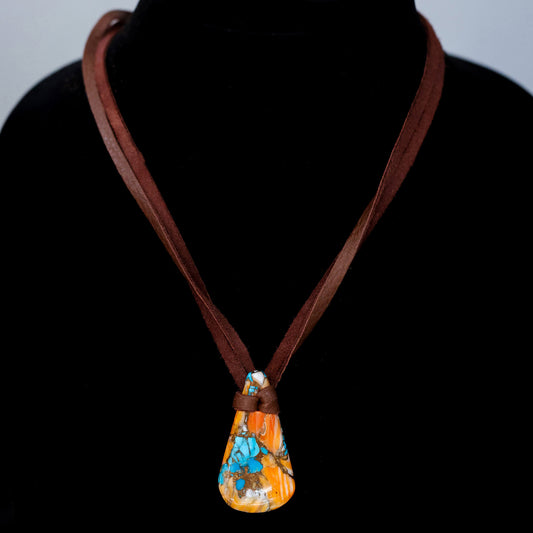 Spiny Oyster & Kingman Turquoise Leather Necklace with Adjustable Deer Leather Cord 135