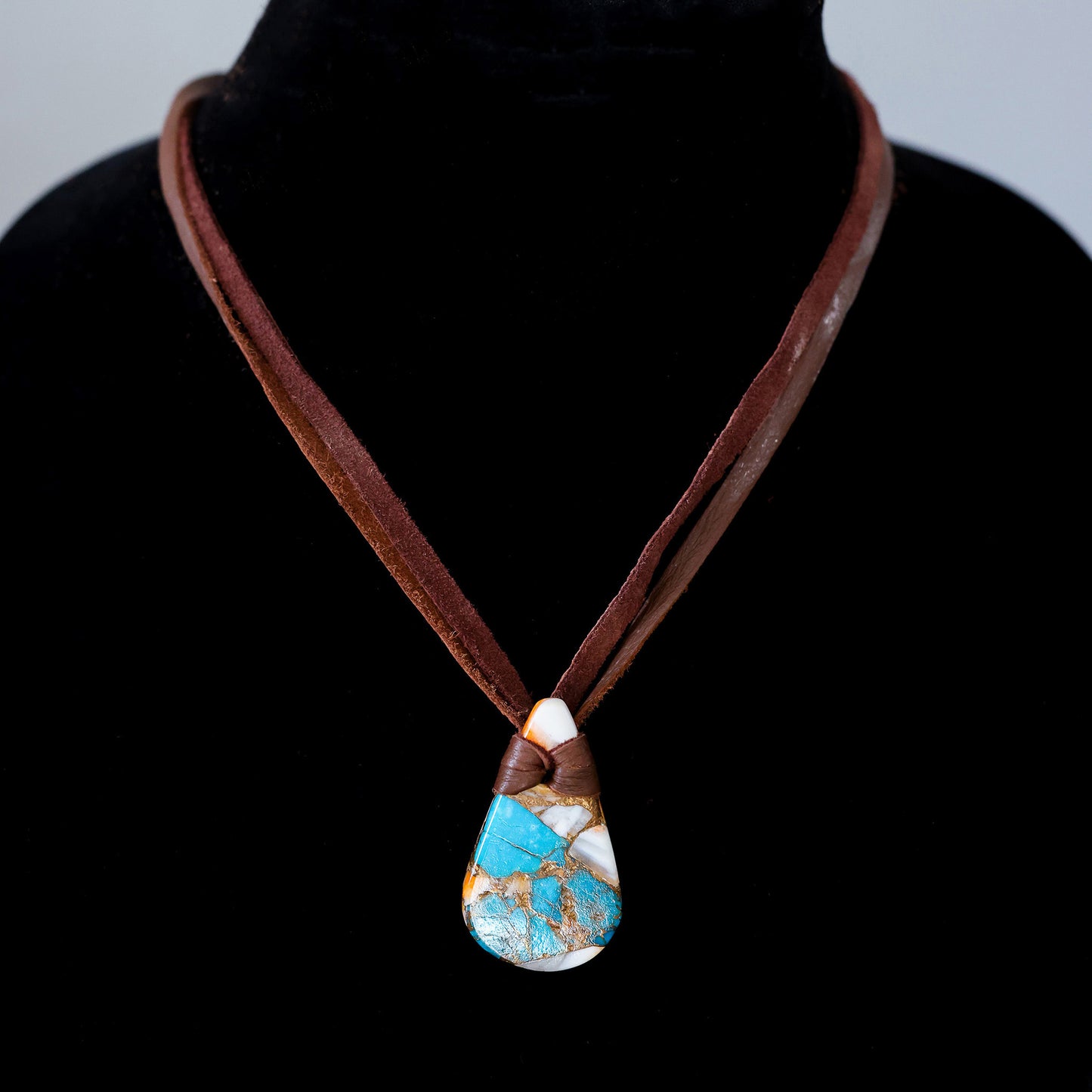 Spiny Oyster & Kingman Turquoise Leather Necklace with Adjustable Deer Leather Cord 137