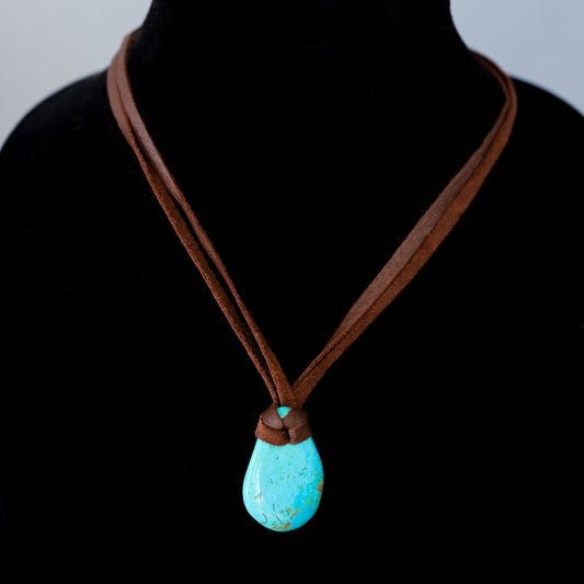 Kingman Turquoise Leather Necklace with Adjustable Deer Leather Cord 139