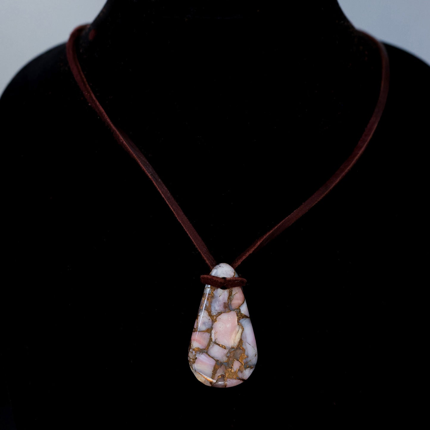 Pink Opal Leather Necklace with Adjustable Deer Leather Cord 142