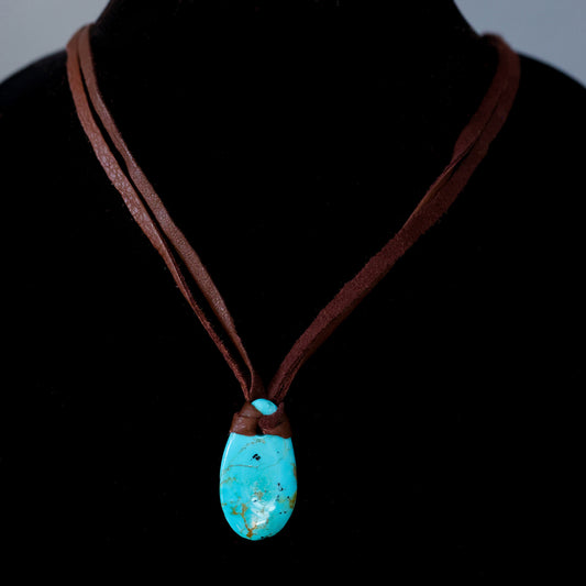 Kingman Turquoise Leather Necklace with Adjustable Deer Leather Cord 144