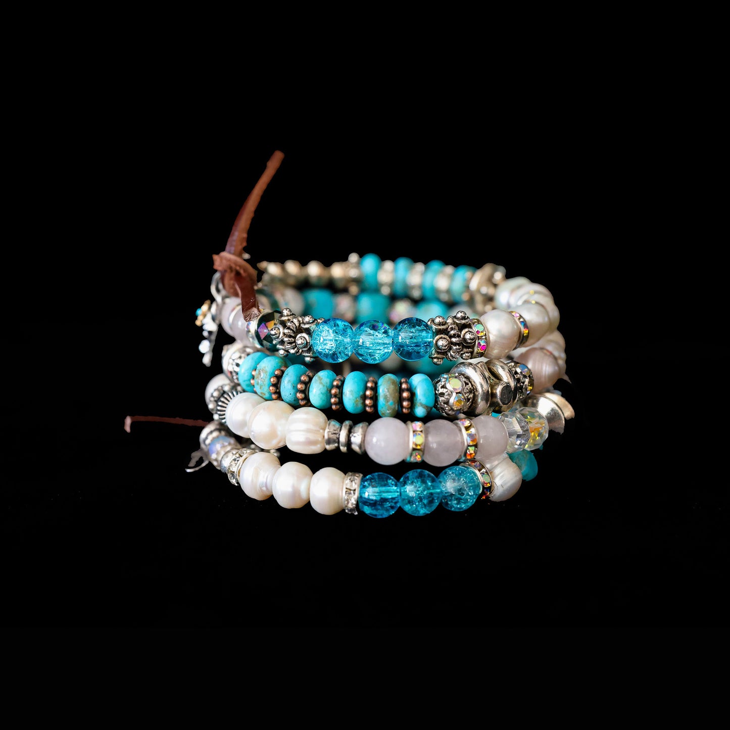 Kingman Turquoise, Freshwater Pearl & Rose Quartz Wrap Bracelet 147