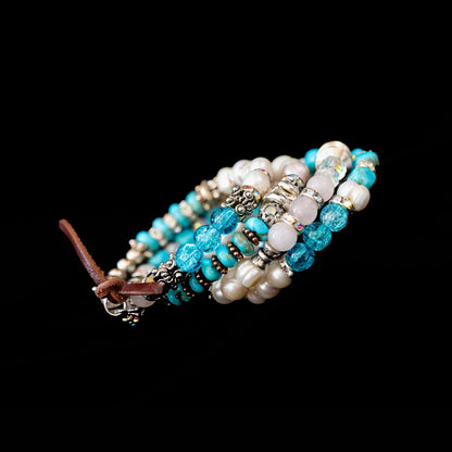 Kingman Turquoise, Freshwater Pearl & Rose Quartz Wrap Bracelet 147