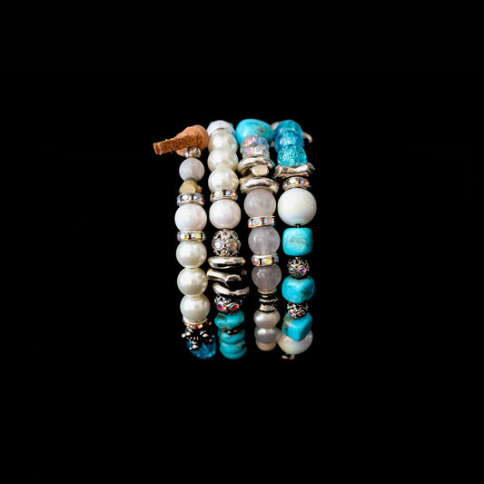 Kingman Turquoise, Freshwater Pearl & Rose Quartz Wrap Bracelet 148