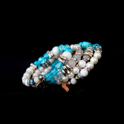 Kingman Turquoise, Freshwater Pearl & Rose Quartz Wrap Bracelet 148