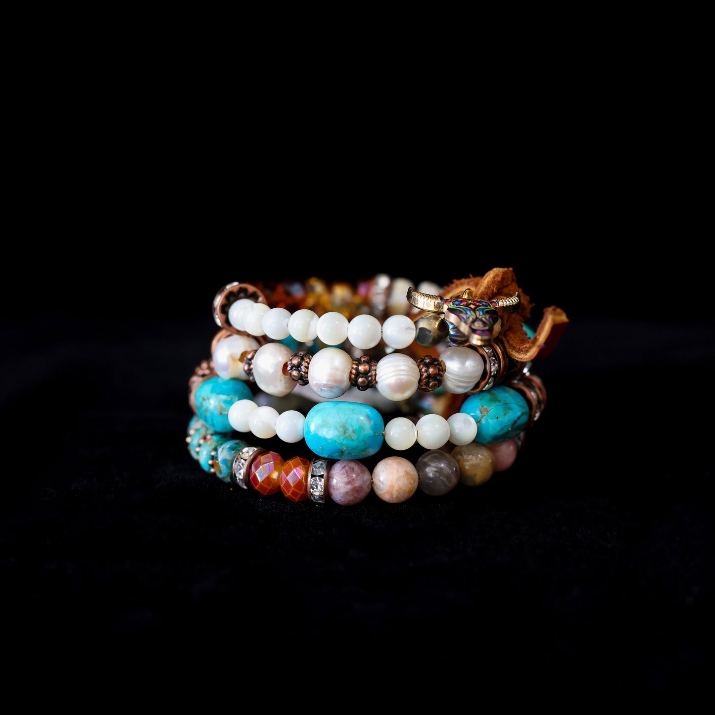 Kingman Turquoise, Freshwater Pearl, Sunstone & Mother of Pearl Wrap Bracelet 149