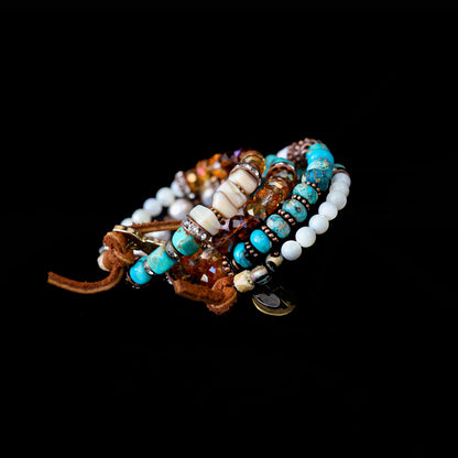 Kingman Turquoise, Freshwater Pearl, Sunstone & Mother of Pearl Wrap Bracelet 149