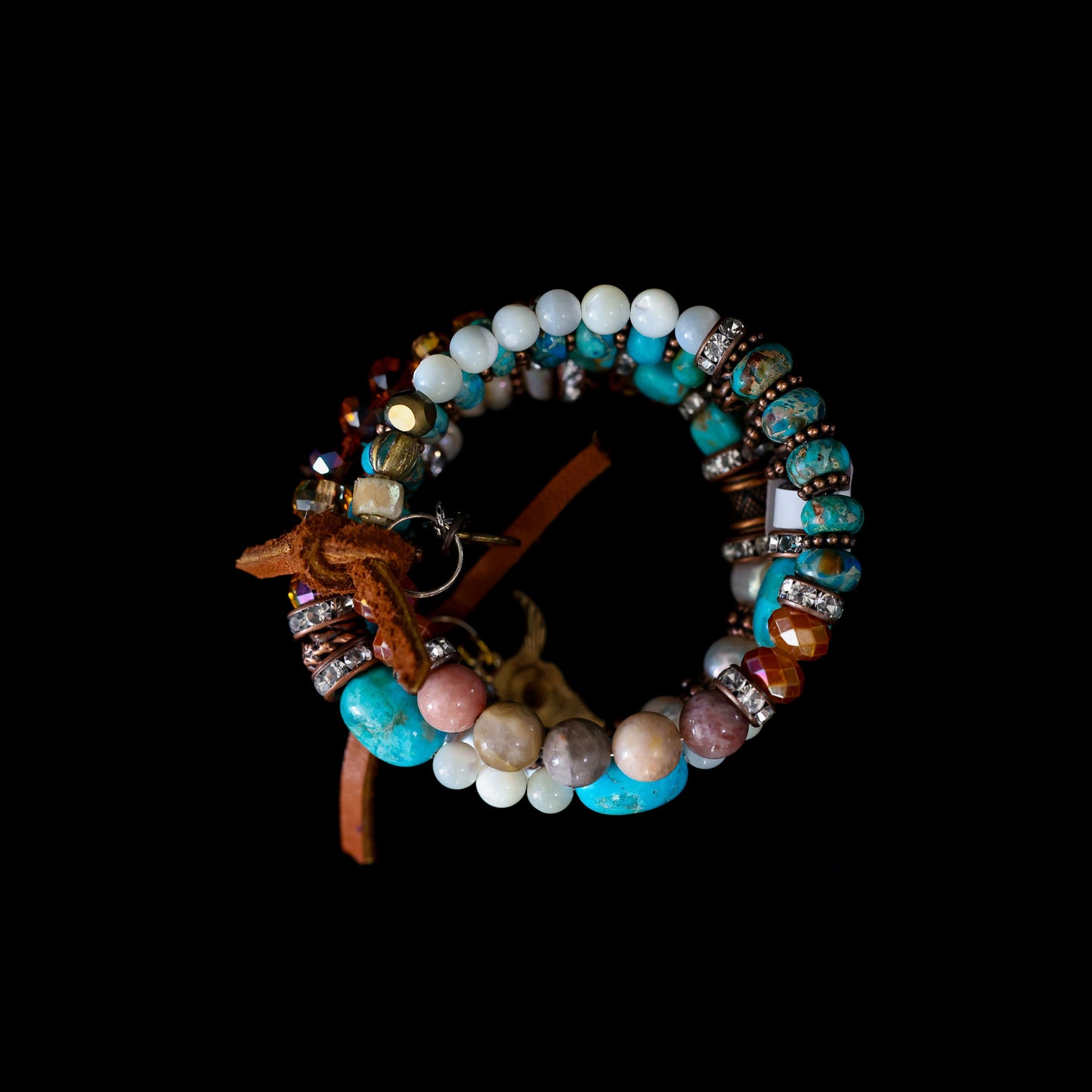Kingman Turquoise, Freshwater Pearl, Sunstone & Mother of Pearl Wrap Bracelet 149