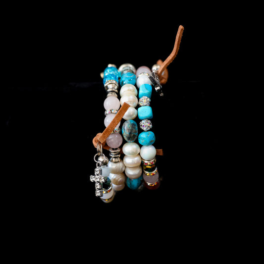 Kingman Turquoise, Freshwater Pearl & Rose Quartz Wrap Bracelet 152