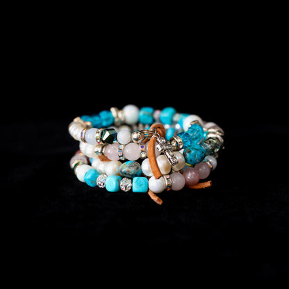 Kingman Turquoise, Freshwater Pearl & Rose Quartz Wrap Bracelet 152
