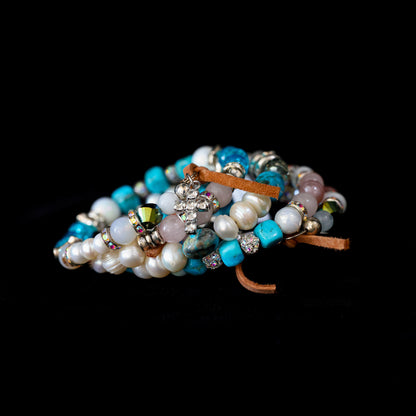 Kingman Turquoise, Freshwater Pearl & Rose Quartz Wrap Bracelet 152