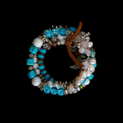 Kingman Turquoise, Freshwater Pearl & Rose Quartz Wrap Bracelet 152