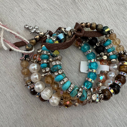 Kingman Turquoise, Freshwater Pearl & Tigers Eye Wrap Bracelet 154