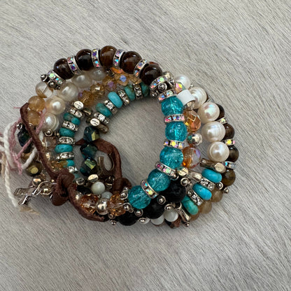 Kingman Turquoise, Freshwater Pearl & Tigers Eye Wrap Bracelet 154