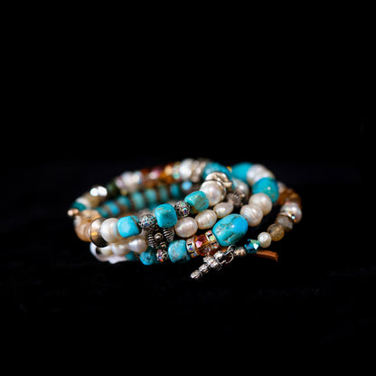 Kingman Turquoise & Freshwater Pearl Wrap Bracelet 155