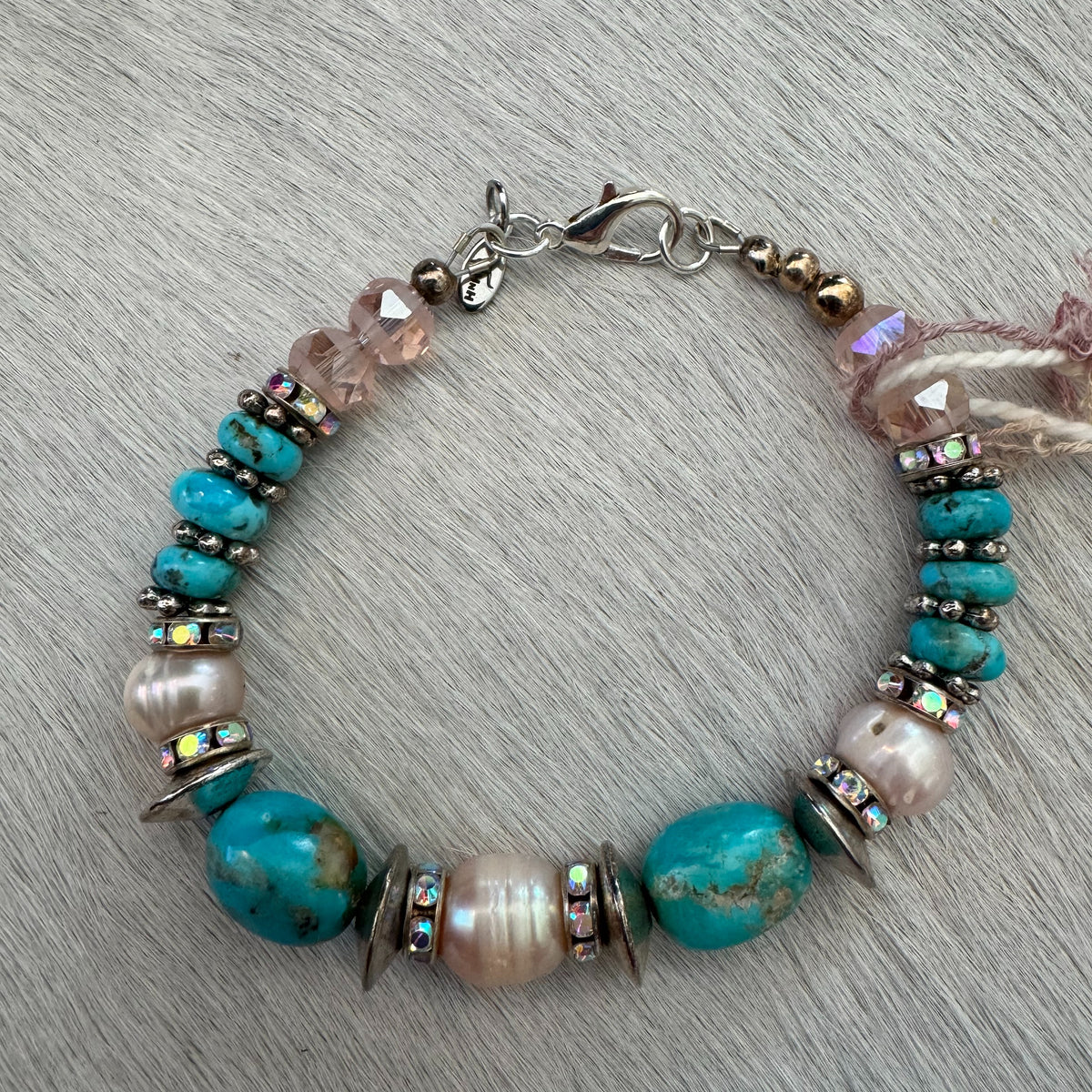 6.5" Kingman Turquoise & Czech Crystal Bracelet with Silver Lobster Clasp 164