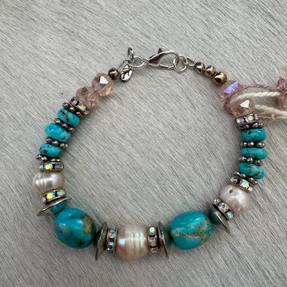 6.5" Kingman Turquoise & Czech Crystal Bracelet with Silver Lobster Clasp 164