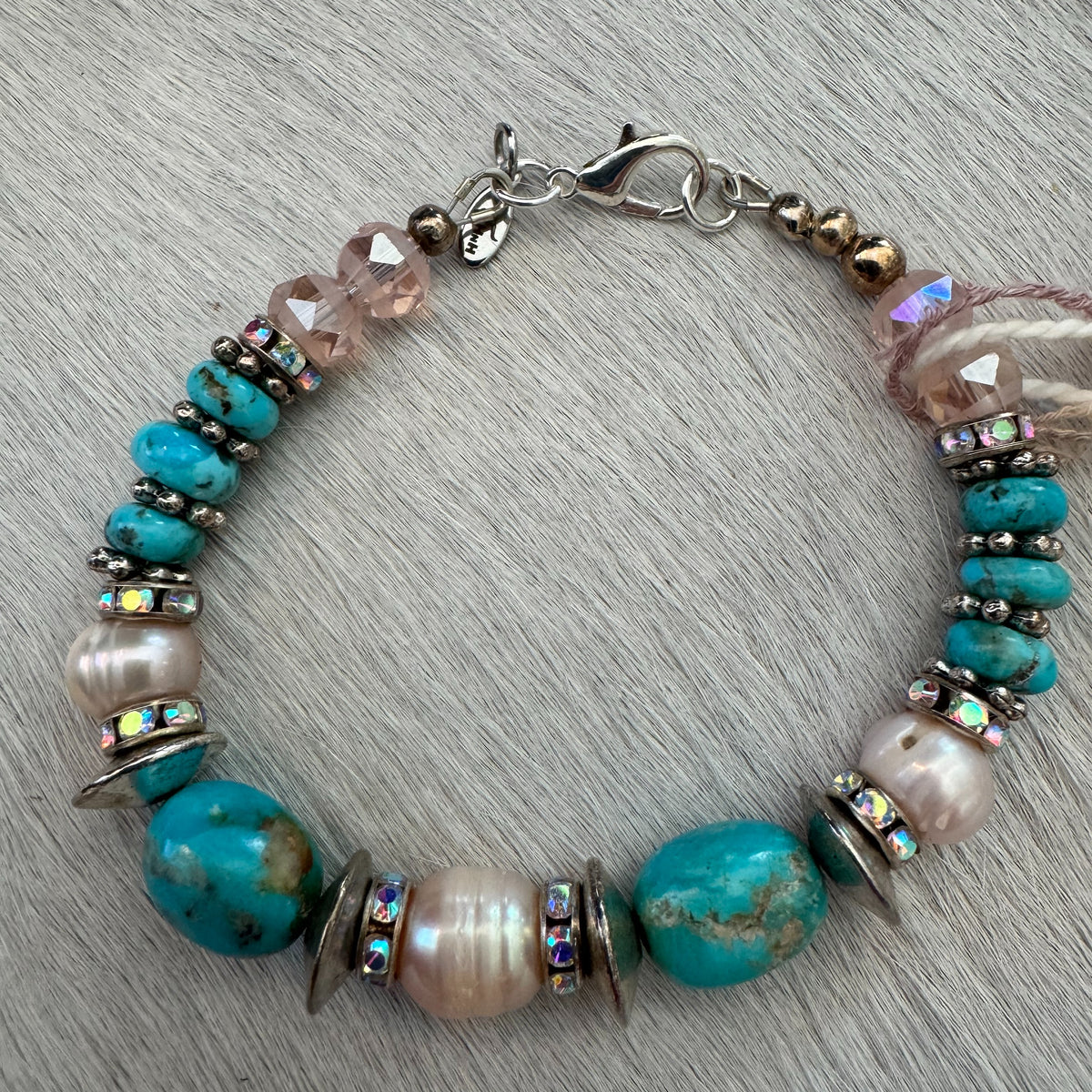 6.5" Kingman Turquoise & Czech Crystal Bracelet with Silver Lobster Clasp 164