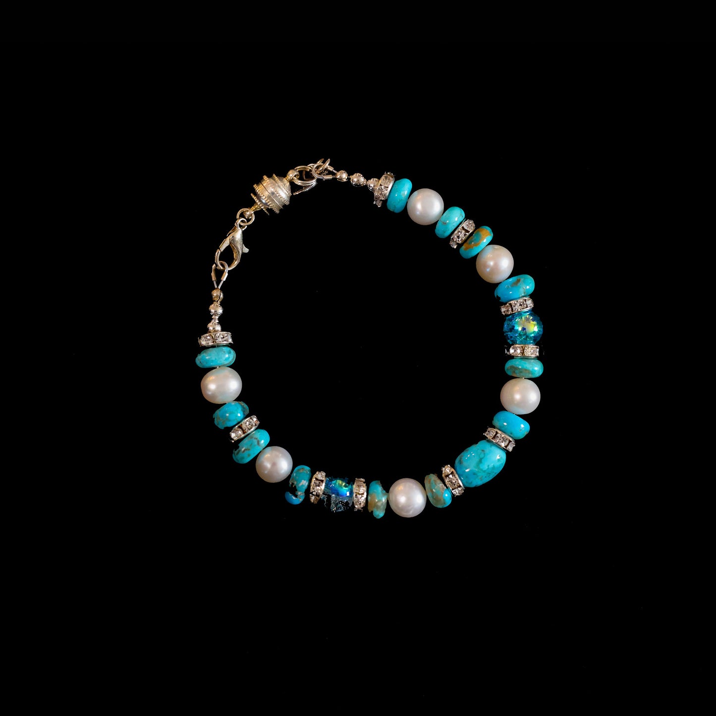 7" Kingman Turquoise & Freshwater Pearl Bracelet with Silver Lobster Clasp 165