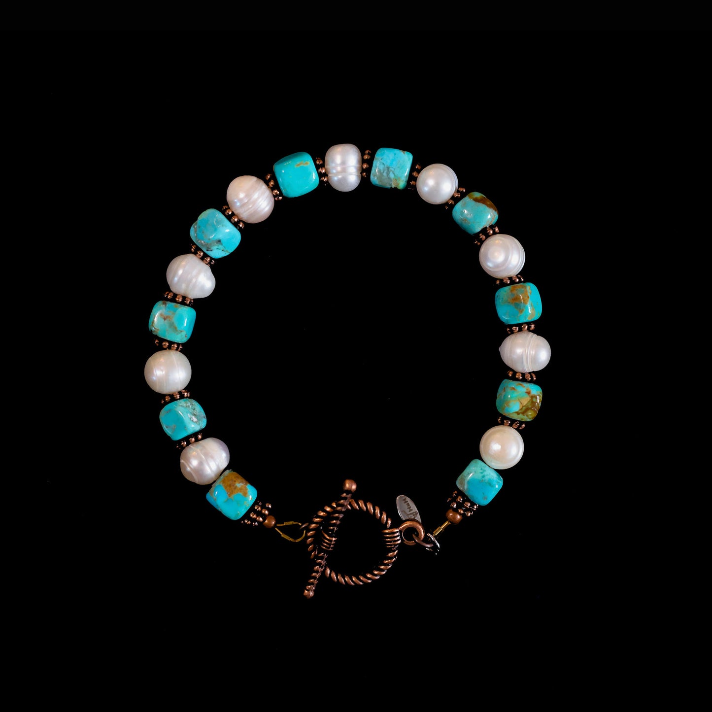 7.5" Kingman Turquoise & Freshwater Pearl Bracelet with Copper Toggle Clasp 166