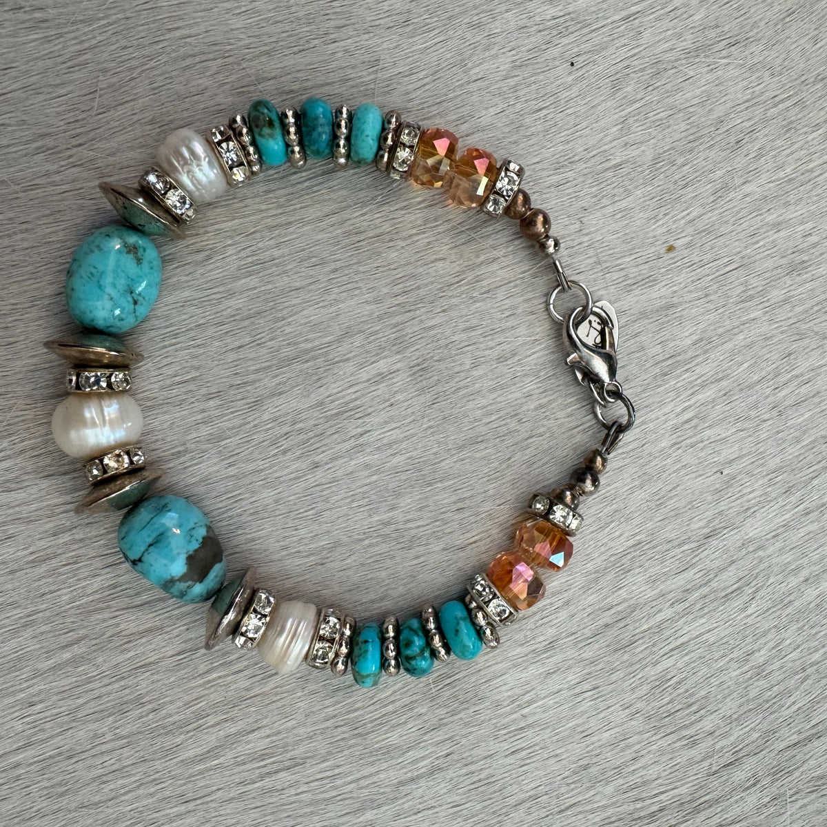 7" Kingman Turquoise & FW Pearls Bracelet with Silver Lobster Clasp 167