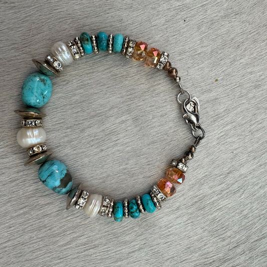 7" Kingman Turquoise & FW Pearls Bracelet with Silver Lobster Clasp 167