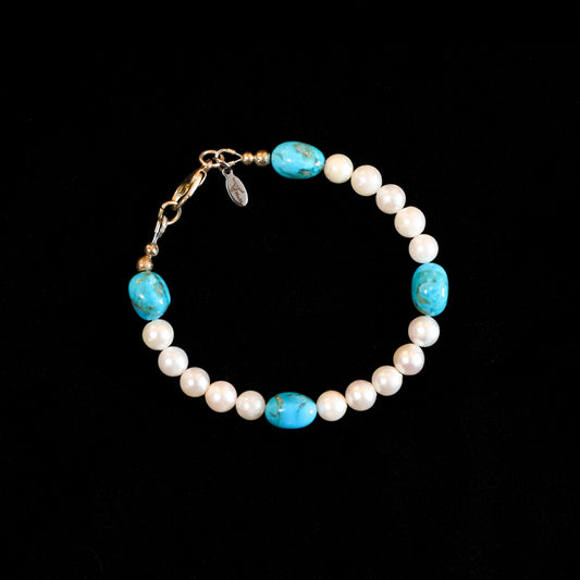 6.5" Kingman Turquoise & Freshwater Pearl Bracelet with Silver Lobster Clasp 173