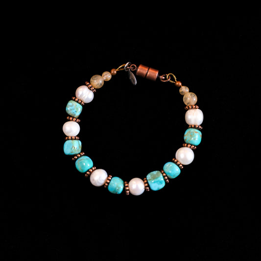 6" Kingman Turquoise & Freshwater Pearl Bracelet with Copper Magnetic Clasp 175