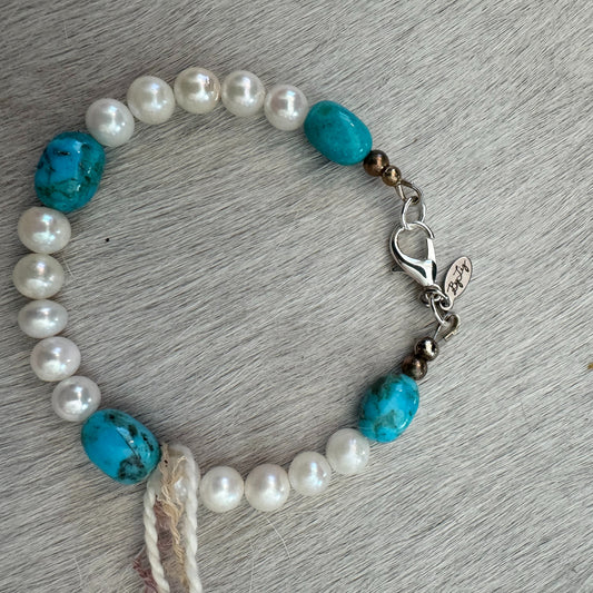 6.5" Kingman Turquoise & Mother-of-Pearl Bracelet with Silver Lobster Clasp 176