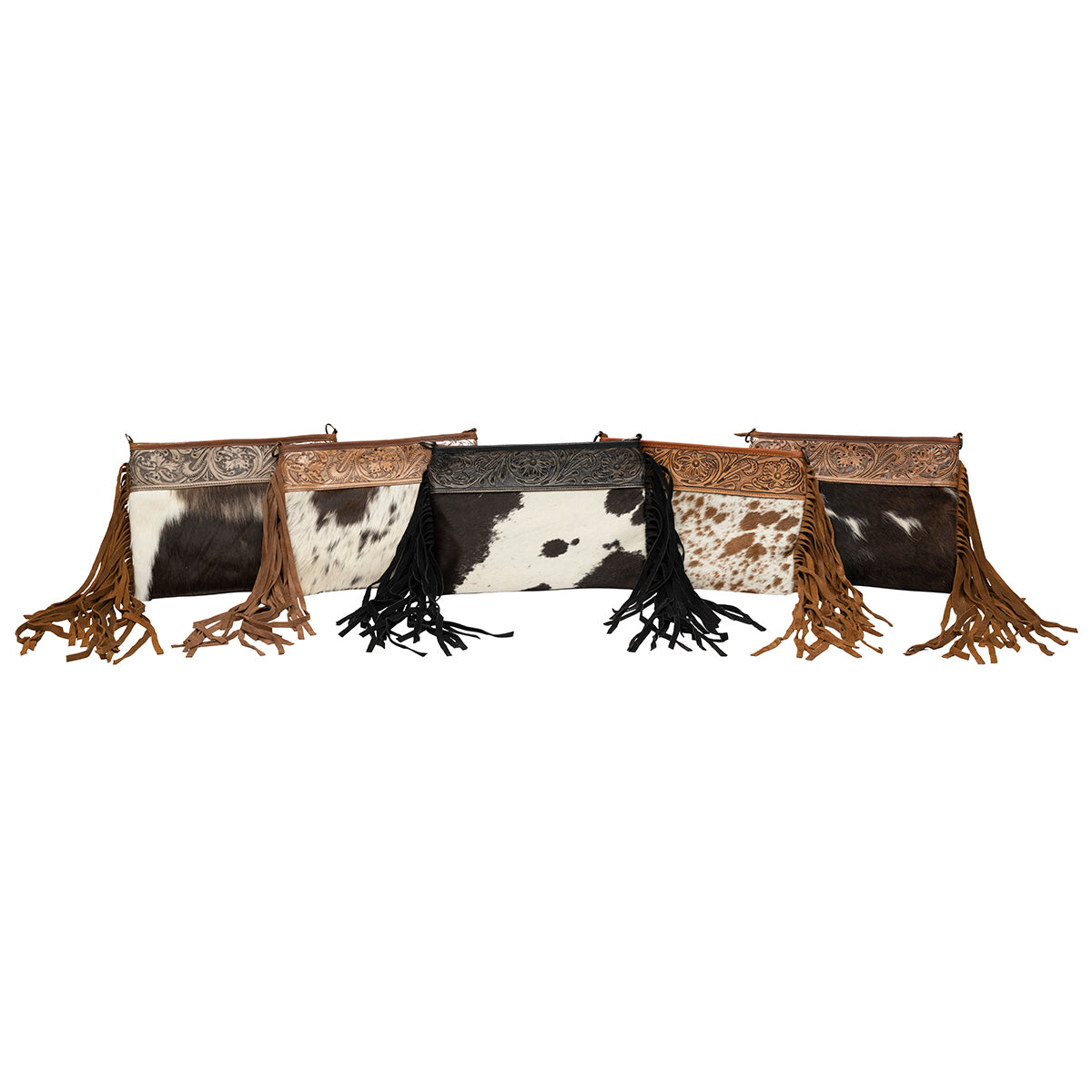 Cowhide with Embossed Leather and Fringe Purse Handbag Dark Brown 4