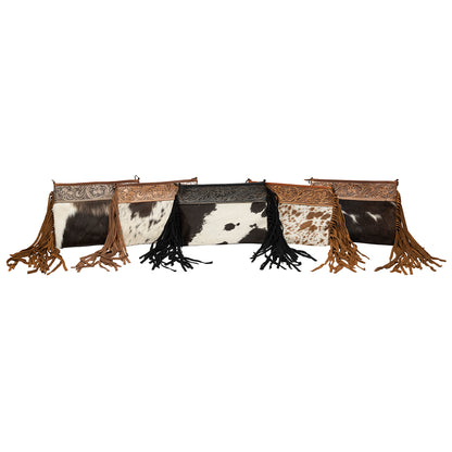 Cowhide with Embossed Leather and Fringe Purse Handbag Dark Brown 4